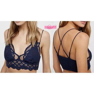 Free People Adella Bralette Navy Lace Crochet Cut-Outs Cutouts Strappy Crop Top